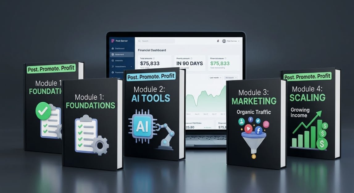Post Promote Profit System Infographic - Overview of AI-powered Content, Organic Loop, and Affiliate Marketing Workflow